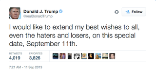 Illustration for article titled Hey Donald, Why Did You Delete Your Super Chill 9/11 Tweet?